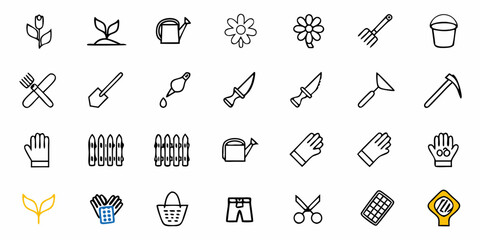 Naklejka premium Essential garden tools and supplies icons for cultivation, planting, and outdoor projects collection