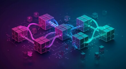Blockchain network with interconnected cubes and glowing lines.