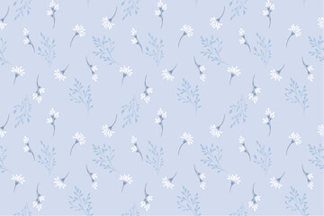 Seamless vector pattern with delicate white flowers and soft blue leaves on pastel blue background. Elegant botanical design for fabric, wrapping paper and wallpaper