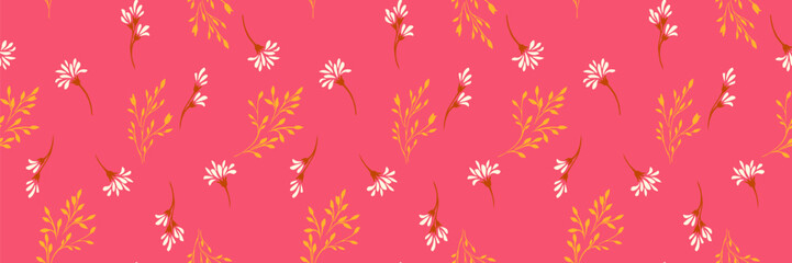 Seamless vector floral pattern with white blossoms and golden leafy branches on a vivid pink background. Bright and decorative botanical design for fabric, wrapping, and decor