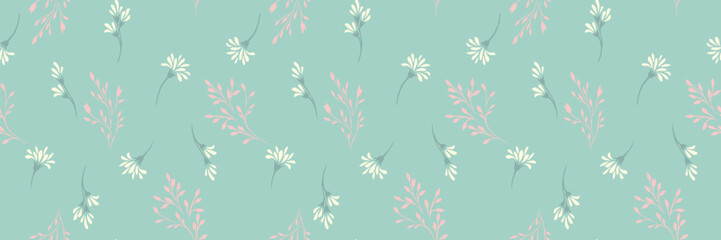 Seamless vector floral pattern with delicate cream blossoms and soft pink leafy branches on a pastel teal background. Elegant botanical design for fabric, decor, and wrapping