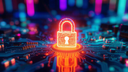 Cybersecurity concept with glowing lock on circuit board symbolizing zero trust protection and digital security in technology