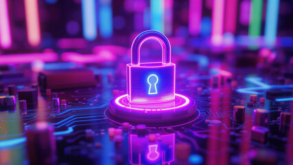 Neon lock on circuit board symbolizes zero trust cybersecurity concept with glowing digital protection and secure data defense