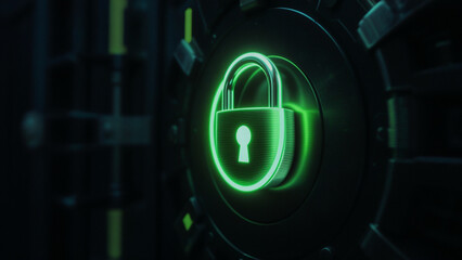 Green glowing padlock symbolizing trust and zero breach security in digital safe environment