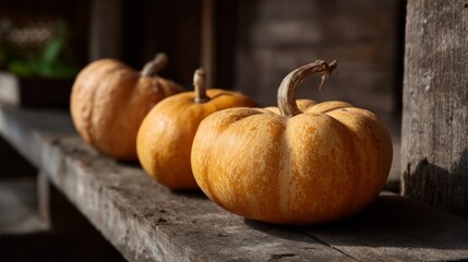Golden pumpkins bask on ancient wooden planks, embodying Harvest Moon festival magic and rustic autumnal whispers
