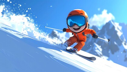 A cartoon skier, clad in orange, navigates a snowy slope. Mountain range backdrops the scene, showcasing a vibrant winter landscape
