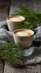 Steaming lattes nestled by evergreen boughs evoke cozy Yuletide mornings, rustic aesthetic, winter solstice celebration, Scandinavian hygge warmth