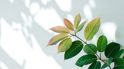 Obraz premium Cascading Green Branches with Detailed Leaves and Veins, Botanical Close-Up, Clear White Background, High-Resolution