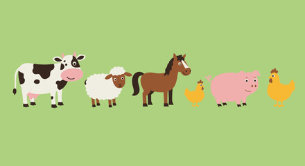 Obraz premium Cute Farm Animals Collection Flat Vector Illustration of Cow, Sheep, Horse, Pig, and Chickens