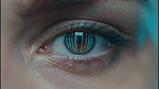Intense human eye reflects glowing digital code, symbolizing data, future, and artificial intelligence concepts in a dynamic visual sequence.