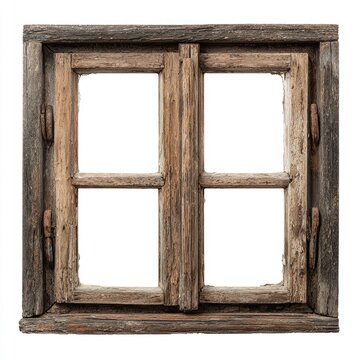 Aged wooden double-hung window.  Empty,  rustic,  antique,  worn frame.  Dividers create four panes.  Isolated on white background