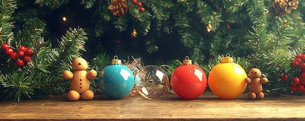 Rustic Christmas scene with colorful ornaments and wooden gingerbread men. Perfect for holiday cards, websites, or social media. Evokes warmth, tradition, and festive cheer.