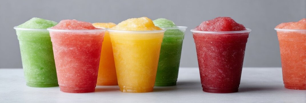 Colorful slushies evoke summertime Solstice festivities, cooling sun-drenched spirits with frosty, kaleidoscopic refreshment under vibrant lemonade skies