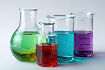 Four clear glass laboratory beakers and flasks with colored liquids
