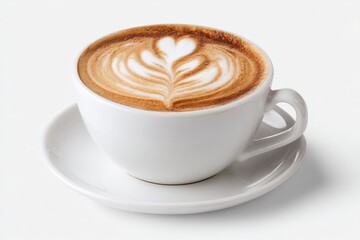 A white ceramic mug filled with latte, showcasing a leaf-shaped latte art design