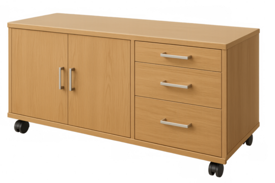 Wooden office storage cabinet with drawers and wheels