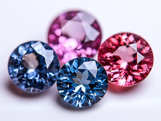 Closeup of three vibrant gemstones, showcasing their intricate facets and rich colors.