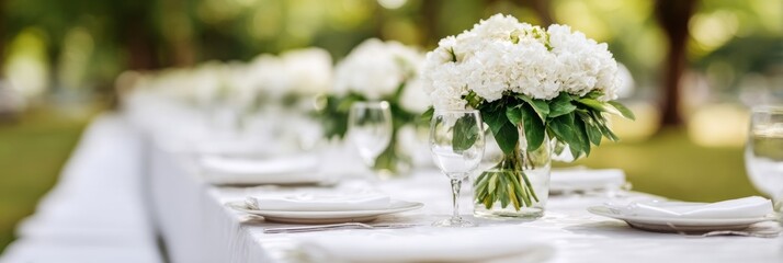 Elegant alfresco table setting adorned with frothy hydrangeas, perfect for a solstice garden fete or midsummer nuptial revelry