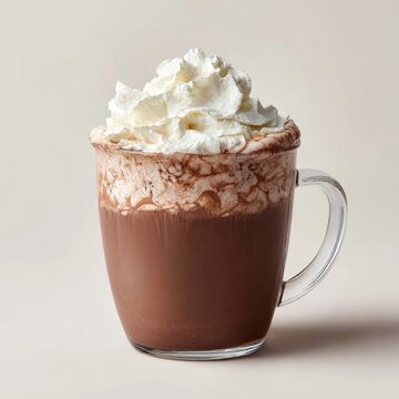 Hot chocolate in a clear glass mug, topped with whipped cream