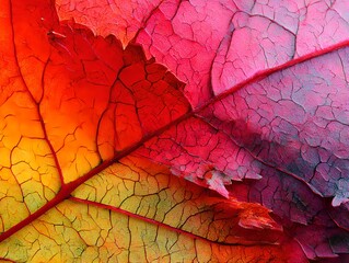 紅葉した葉の鮮やかな色彩と繊細な葉脈のマクロ写真｜Vivid autumn leaf close-up, red and orange texture, fall colors