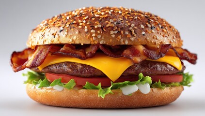 Close-up of a gourmet burger. Topped with bacon, cheese, lettuce, tomato, and a sesame seed bun