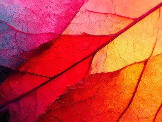 紅葉した葉の鮮やかな色彩と繊細な葉脈のマクロ写真｜Vivid autumn leaf close-up, red and orange texture, fall colors
