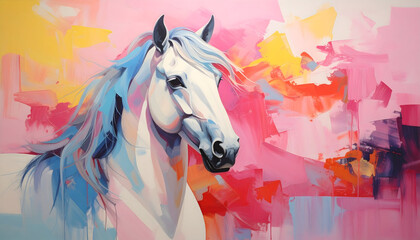 White horse portrait with flowing mane in colorful abstract background, vibrant and dynamic painting full of energy
