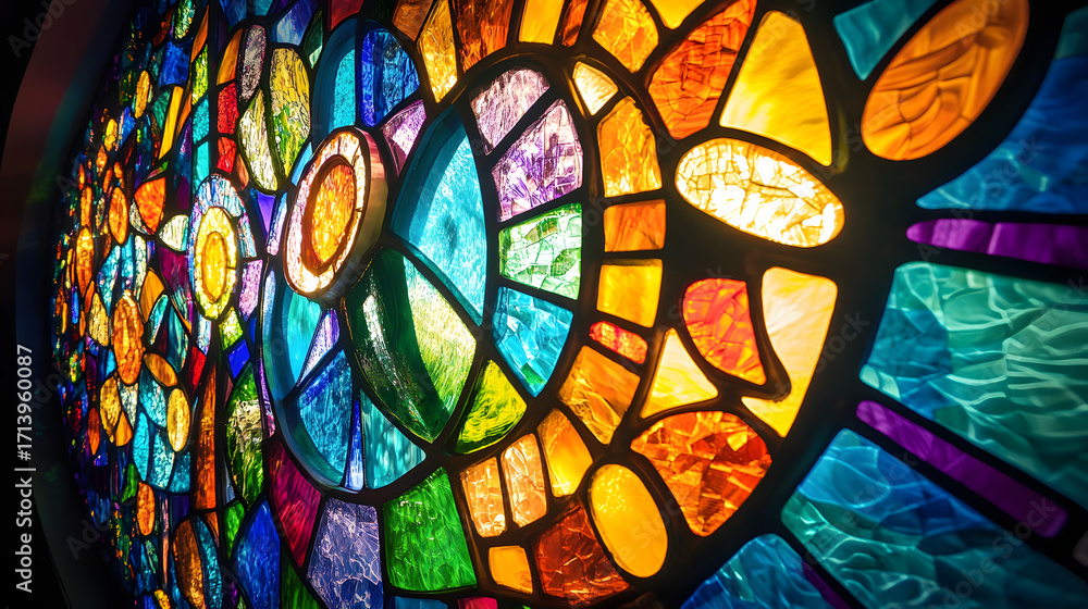 Poster vibrant stained glass window casting colorful light, intricate patterns illuminating sacred spaces w