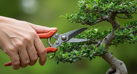 Close-up of a hand pruning a bonsai tree with garden shears.