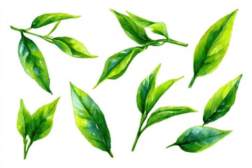 Watercolor illustration of fresh tea leaves