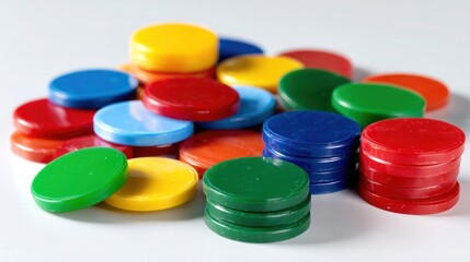 Set of multicolored plastic game tokens scattered on white background, 3D render