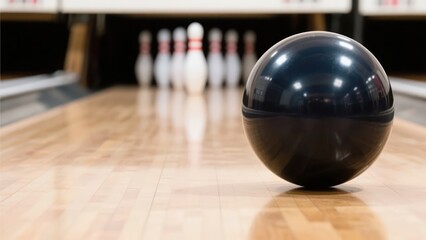 Bowling ball ready to roll at pins on polished wooden lane