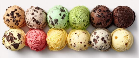 Obraz premium Assorted ice cream scoops, various flavors, displayed on a white surface