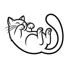 Playful Feline Delight: A charming cartoon cat revels in pure joy, showcasing delightful simplicity and heartwarming appeal, with minimalist line art, creating a whimsical illustration.