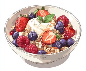 Colorful breakfast bowl with yogurt, granola, and berries