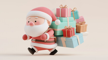 3dクレイで作られたサンタクロースが12月の冬のクリスマスにプレゼント袋を背負って走るサンタの姿
