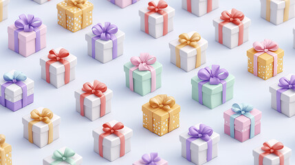 クリスマスやバレンタインや誕生日にぴったり！かわいいクレイで作ったギフトボックスとプレゼントが沢山いっぱい並んだ3d素材