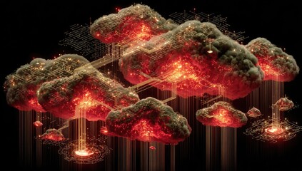 Fiery digital clouds interconnected by glowing lines, against a black background.  Complex network of data, digital energy
