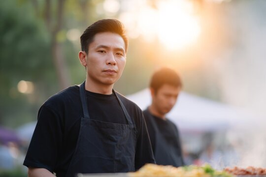 Sunlit culinary scene with a focused Asian male chef, savoring the mystique of Obon festival and gastronomic exploration