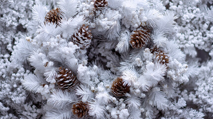 クリスマス写真におすすめ！モミの木とユーカリ、白い飾りのおしゃれなホワイトクリスマスリースで冬の12月を彩る背景_雪