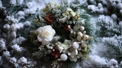 クリスマス写真におすすめ！モミの木とユーカリ、白い飾りのおしゃれなホワイトクリスマスリースで冬の12月を彩る背景_雪