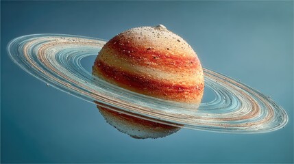 A detailed, digitally rendered planet with prominent rings, exhibiting a textured surface of swirling browns, reds, and hints of white