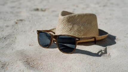 Woven straw hat and vintage sunglasses lounging on sunlit sands whisper serendipity, echoing Midsummer solstice and National Relaxation Day vibes