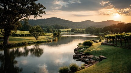 Serene sunset over a tranquil vineyard pond, reflecting the golden light and rolling hills