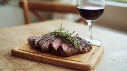 Grilled steak with rosemary whispers tales of Carnivore Appreciation Day, exuding a velvety elegance beside ruby-hued wine glass