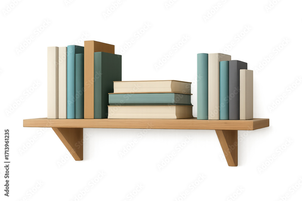 Poster wooden bookshelf displaying various books on transparent background