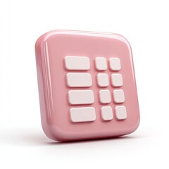 A glossy, pale pink square with rounded edges, featuring a simplified keypad of white buttons, rendered in a 3D style against a white background