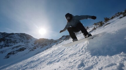 Below powder-kissed peaks, a Latino male snowboarder soars, embodying Winter Solstice adrenaline and Jack Frost whimsy's festive spirit
