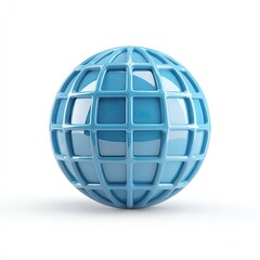 A pale-blue, glossy sphere encased in a grid-like, geometric structure, sits on a white background, casting a subtle shadow
