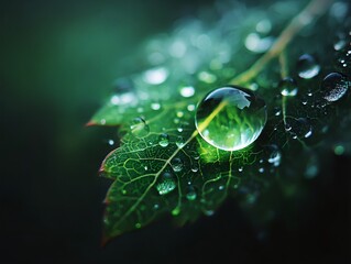 葉に乗る水滴のマクロと光が描く自然の美しさ｜Water droplet on leaf, macro photography, nature light and freshness